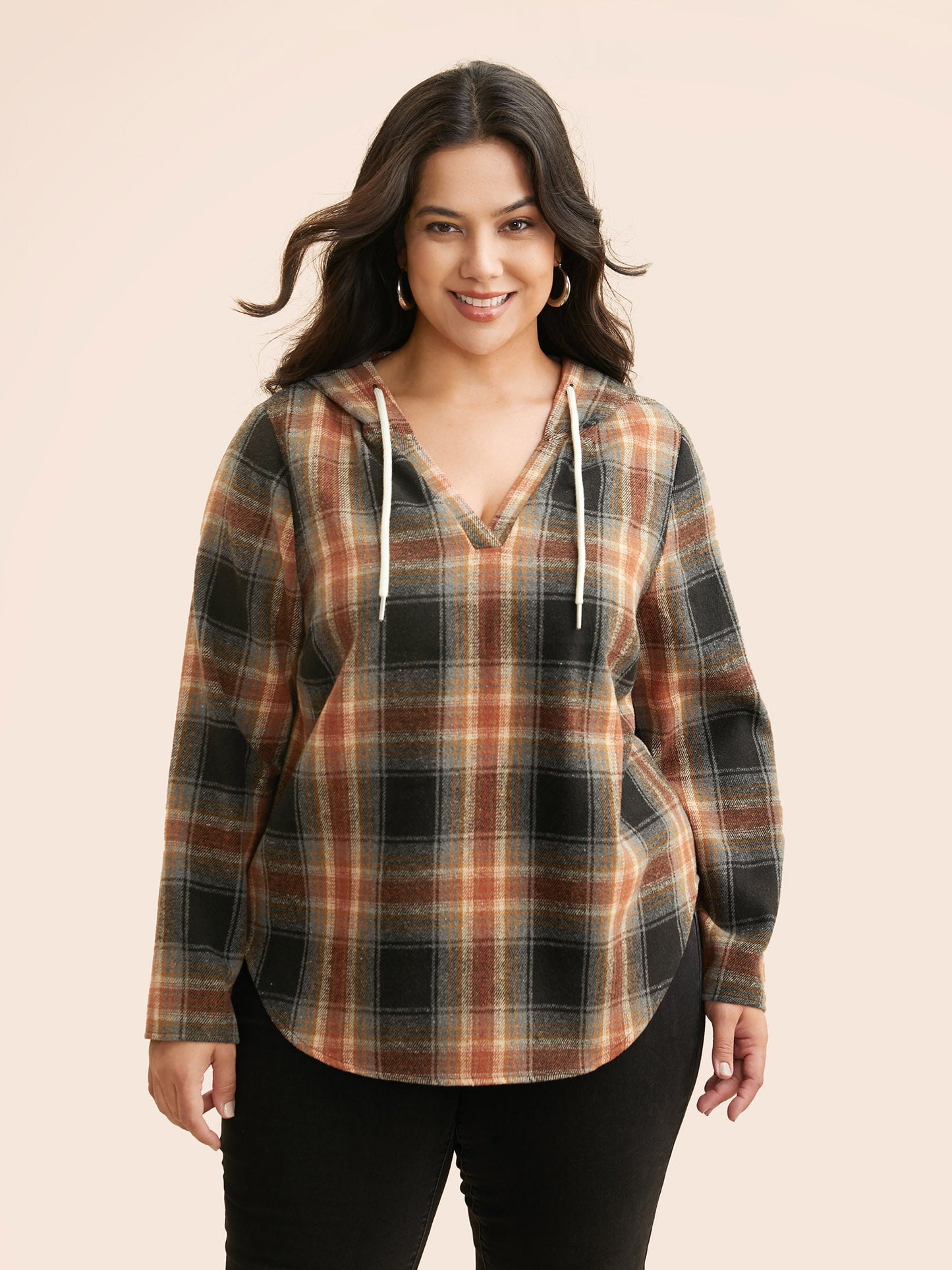 Brushed Fabric Plaid Hooded Sweatshirt