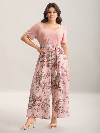 Color Contrast Belted Panel Pockets Jumpsuit