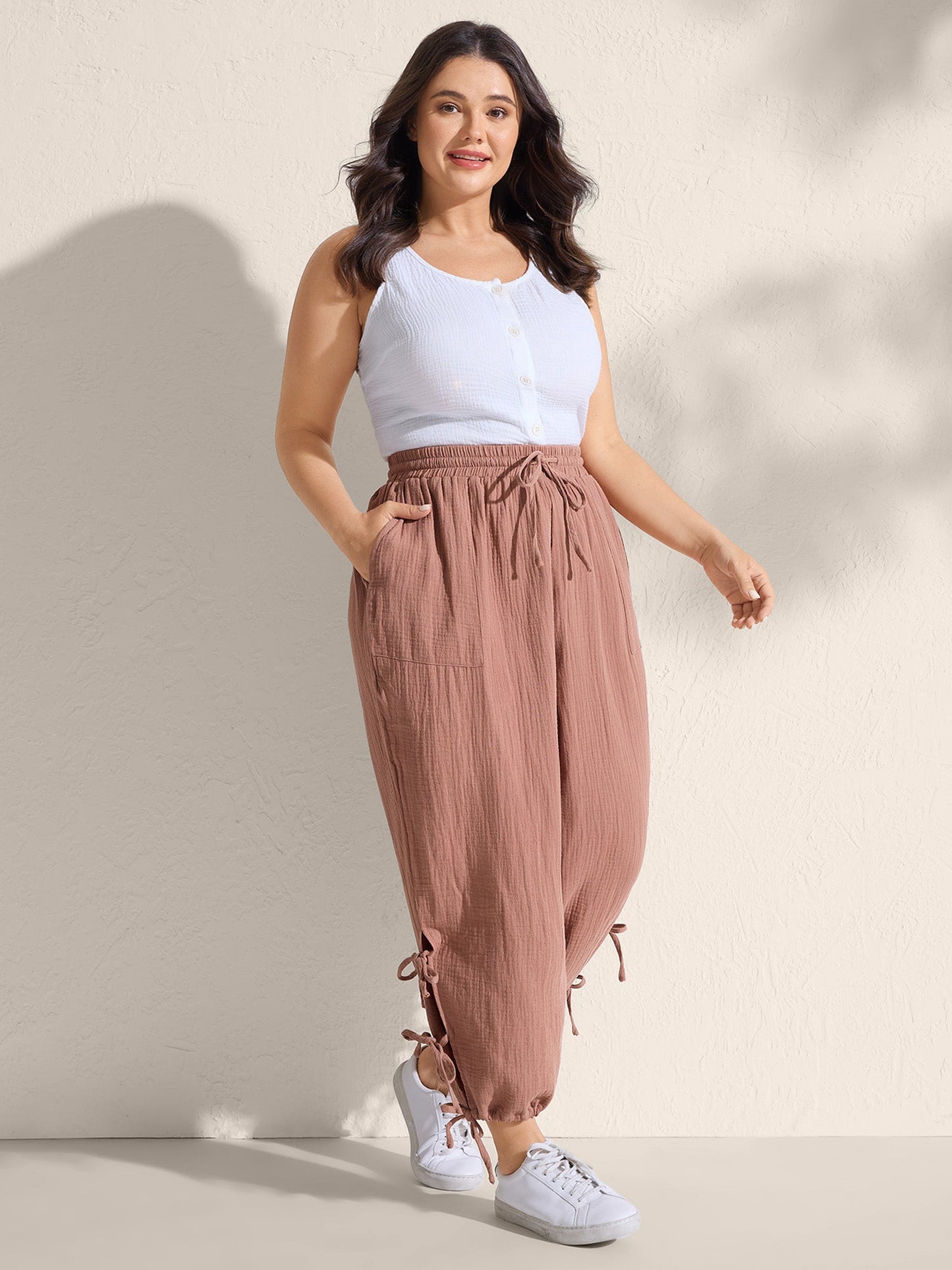 Tie-Hem Slits Cuffed Waist-Tie Pockets Pants