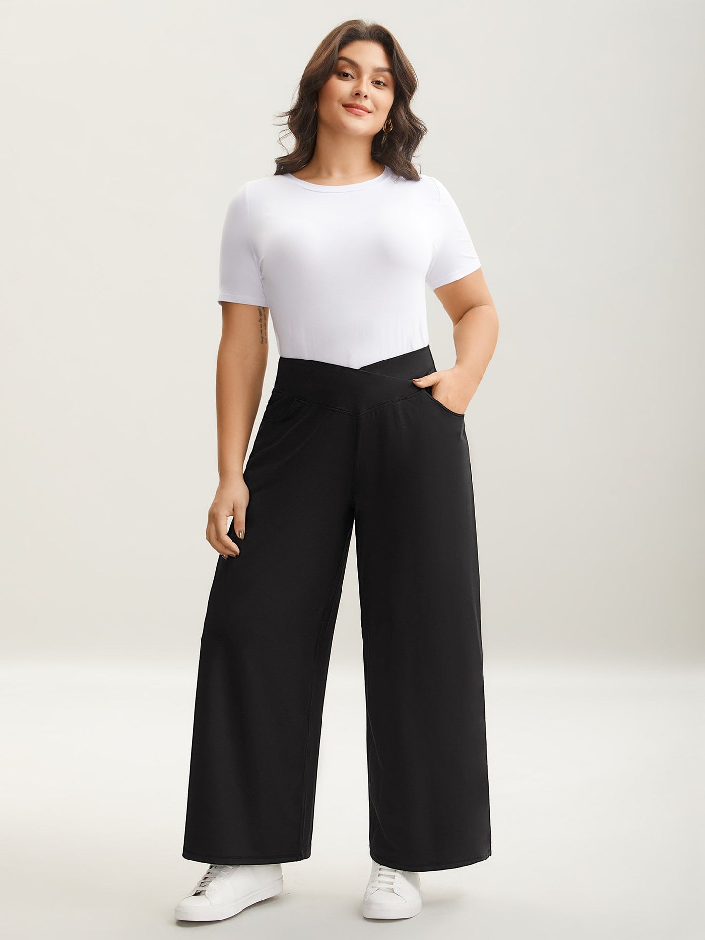 Crossover Waist Very Stretchy Wide-Leg Pants
