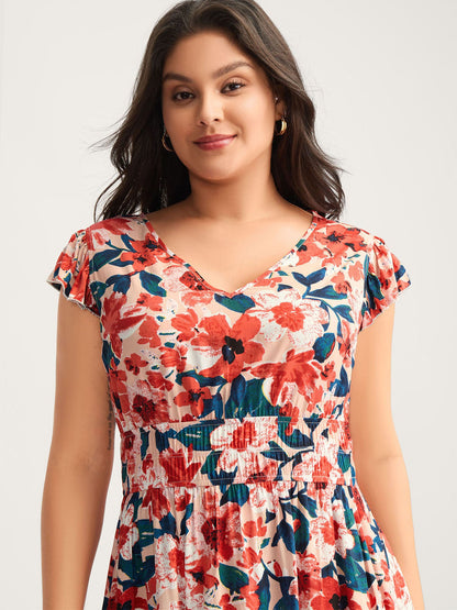 Floral Three-Layered Stretchy Waist Midi Dress