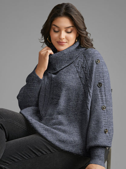 Turtleneck Cable Knit Asymmetrical Hem Pullover