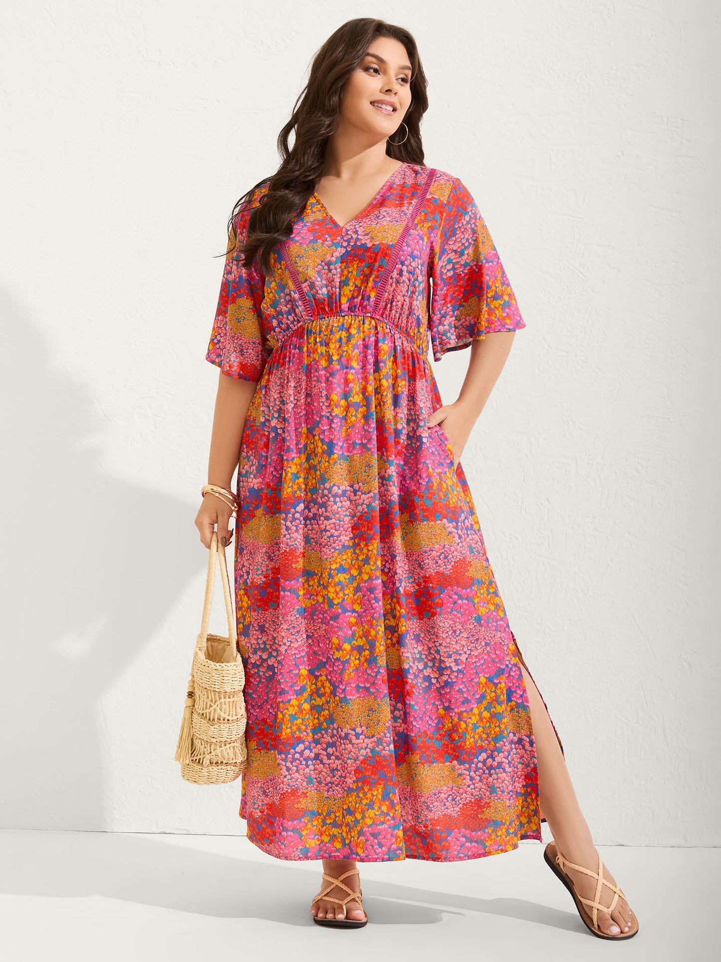 Floral Lace Trim Flowy Sleeve Midi Dress