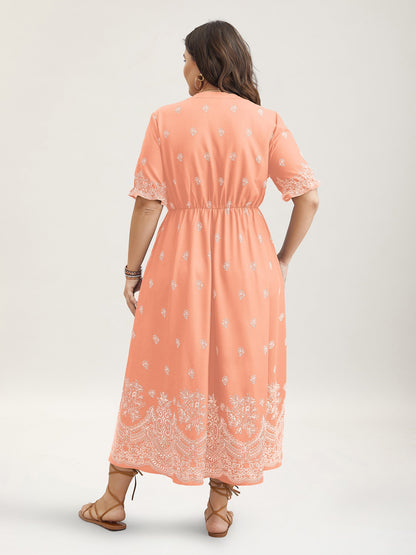 Floral Waist-Tie Notched Collar Midi Dress