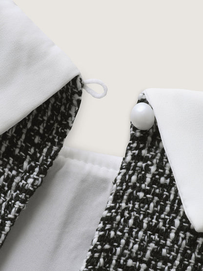 Tweed Patchwork Lantern Sleeve Blouse