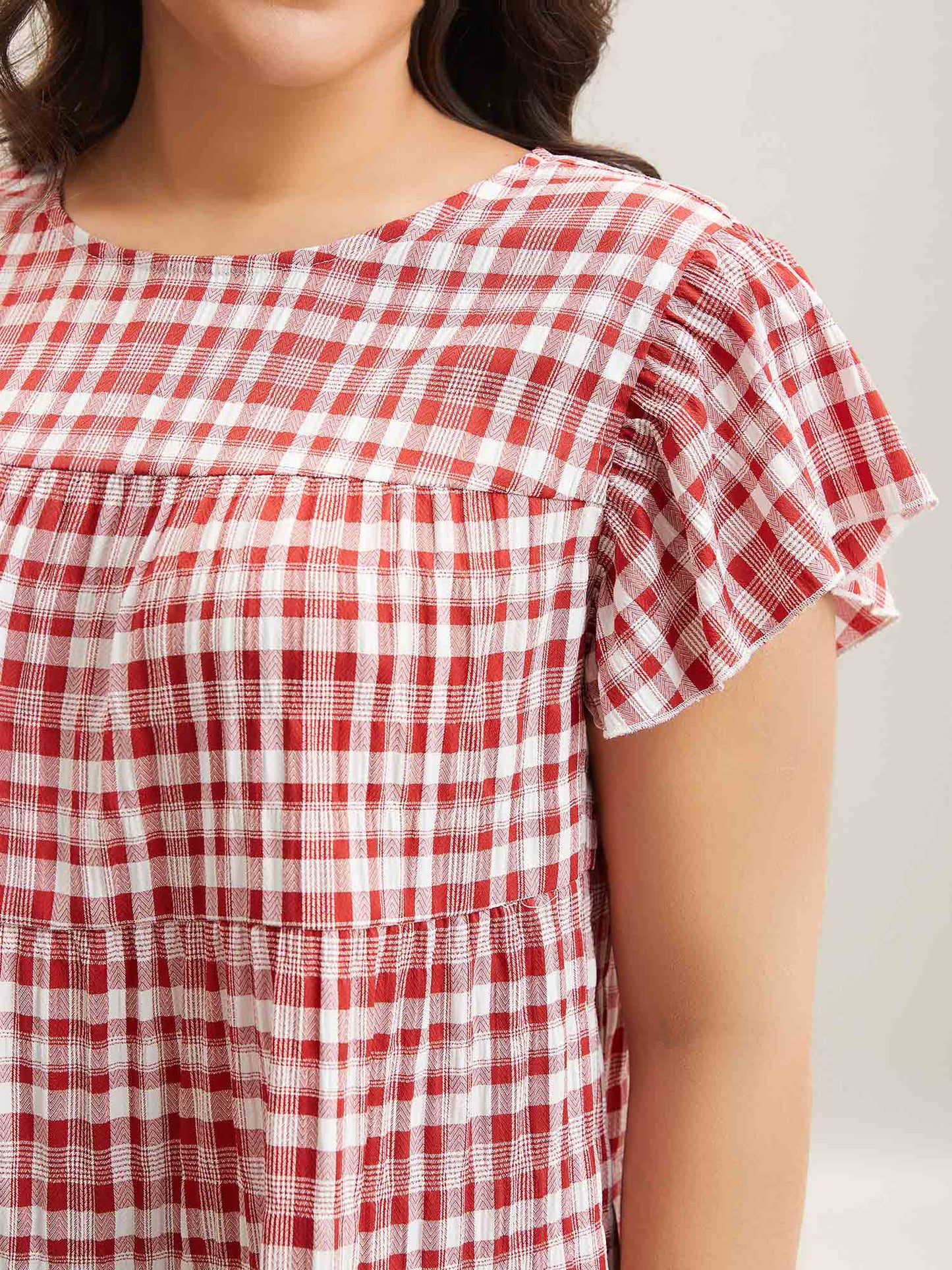 Plaid Print Textured Lotus Leaf Sleeve Shirt