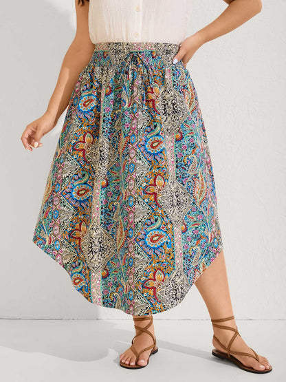 Boho Print Shirred Waist Midi Skirt