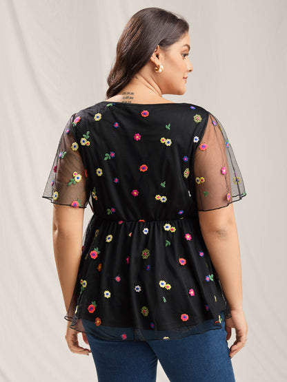 Floral Mesh Embroidery Babydoll Blouse