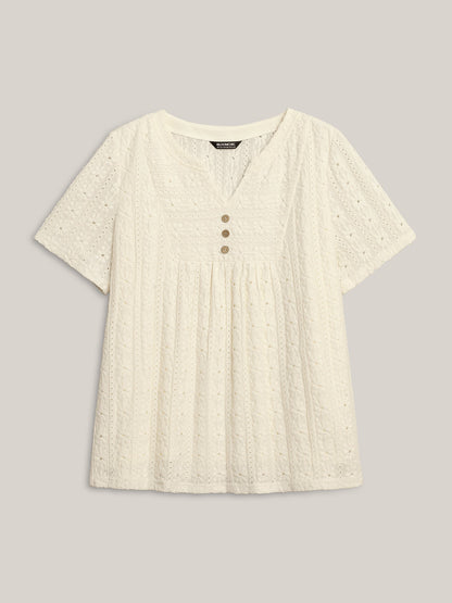 Textured Pleated Split Neck T-Shirt