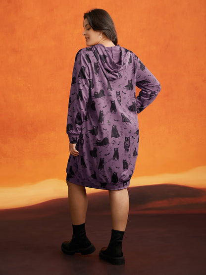 Pumpkin Cat Printed Hooded Midi Dress