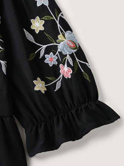 Floral Embroidered V-Neck Pockets Knee Dress