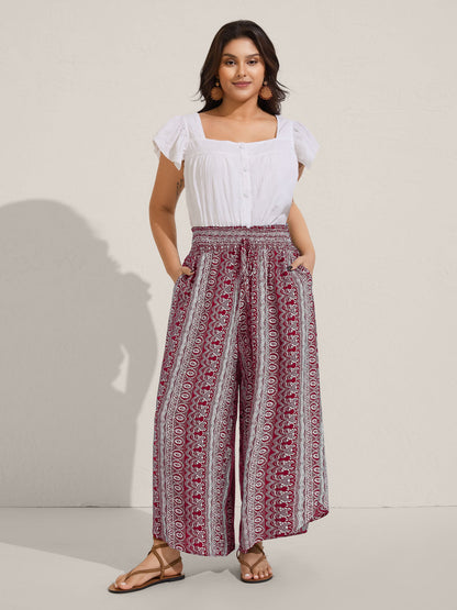 Boho Print Shirred Waist Wide-Leg Pants