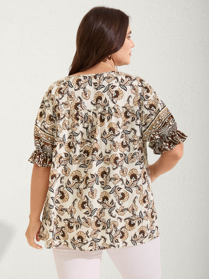 Boho Floral Print Neck Tassels Blouse