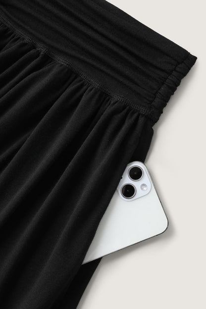 Ruched Waist Flowy Solid Midi Skirt