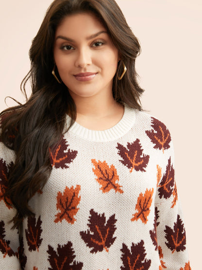 Leaves Jacquard Drop Shoulder Sleeve Pullover