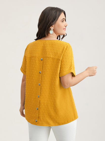 Back-Button Textured V-Neck Shirt