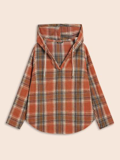 Brushed Fabric Plaid Hooded Sweatshirt