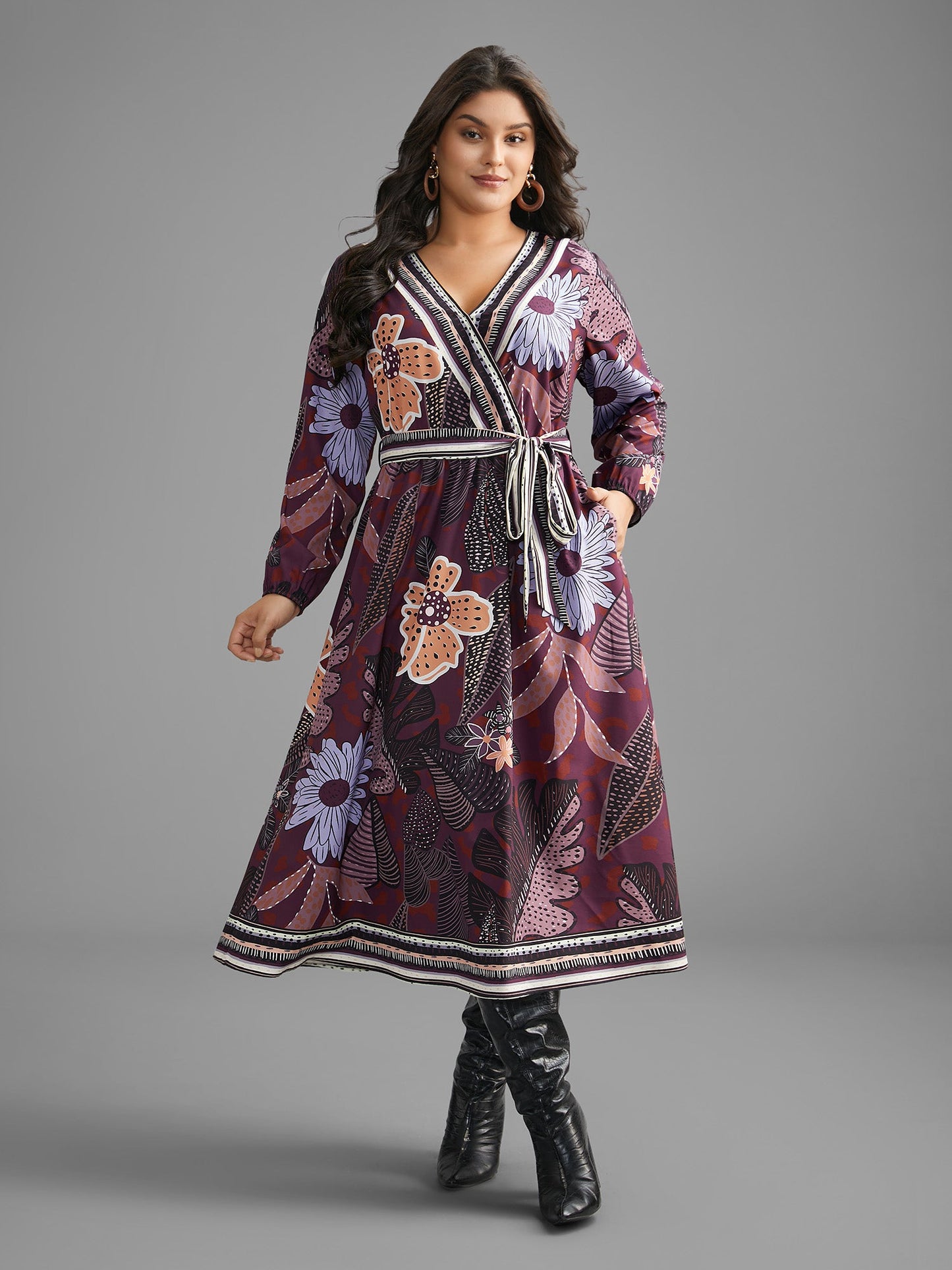 Boho Print Belted Lantern Sleeve Dress