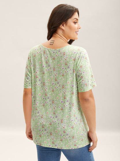Floral Print Plicated Detail T-Shirt