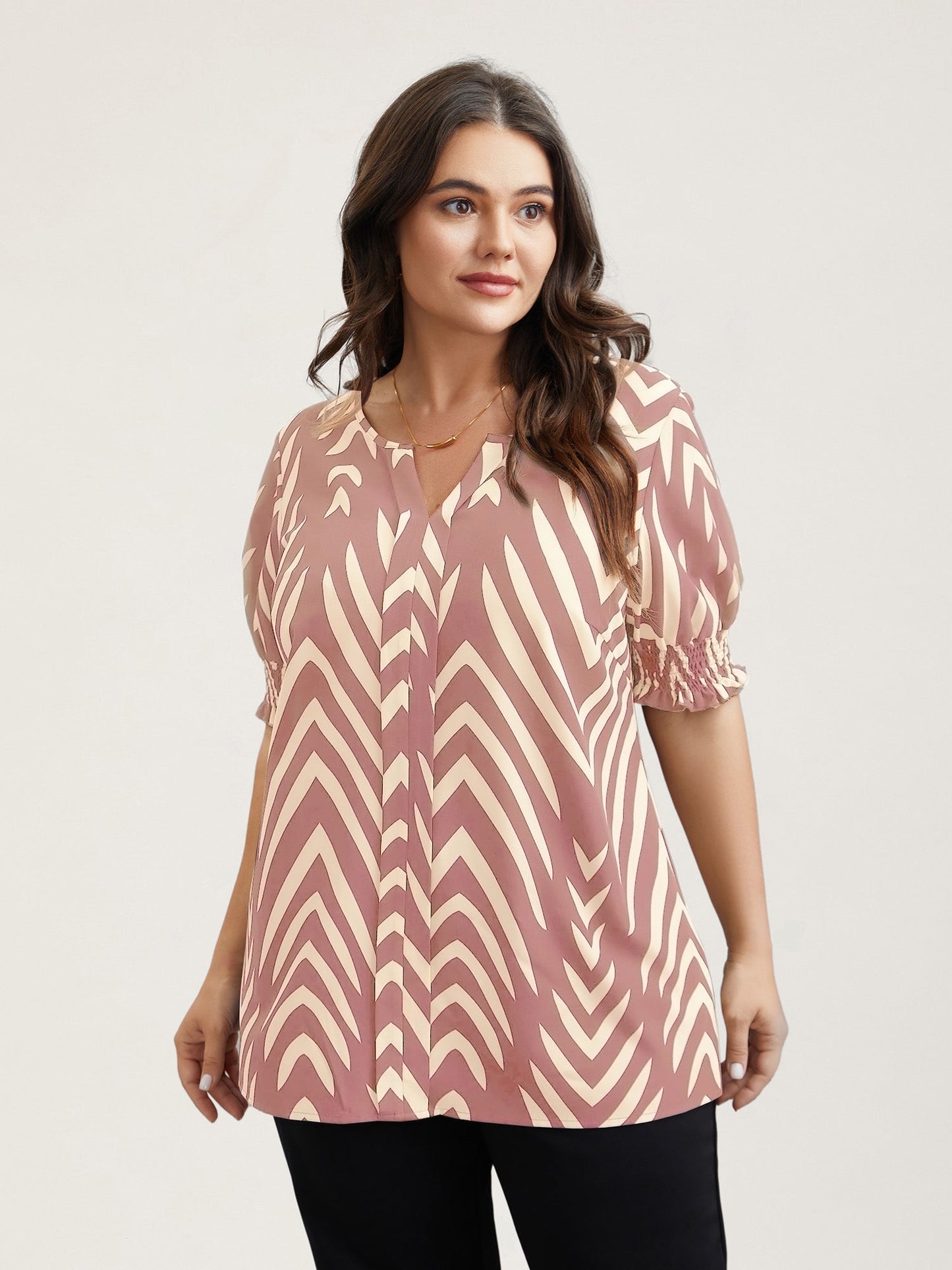 Geometric Print Ruffled Shirred Shirt