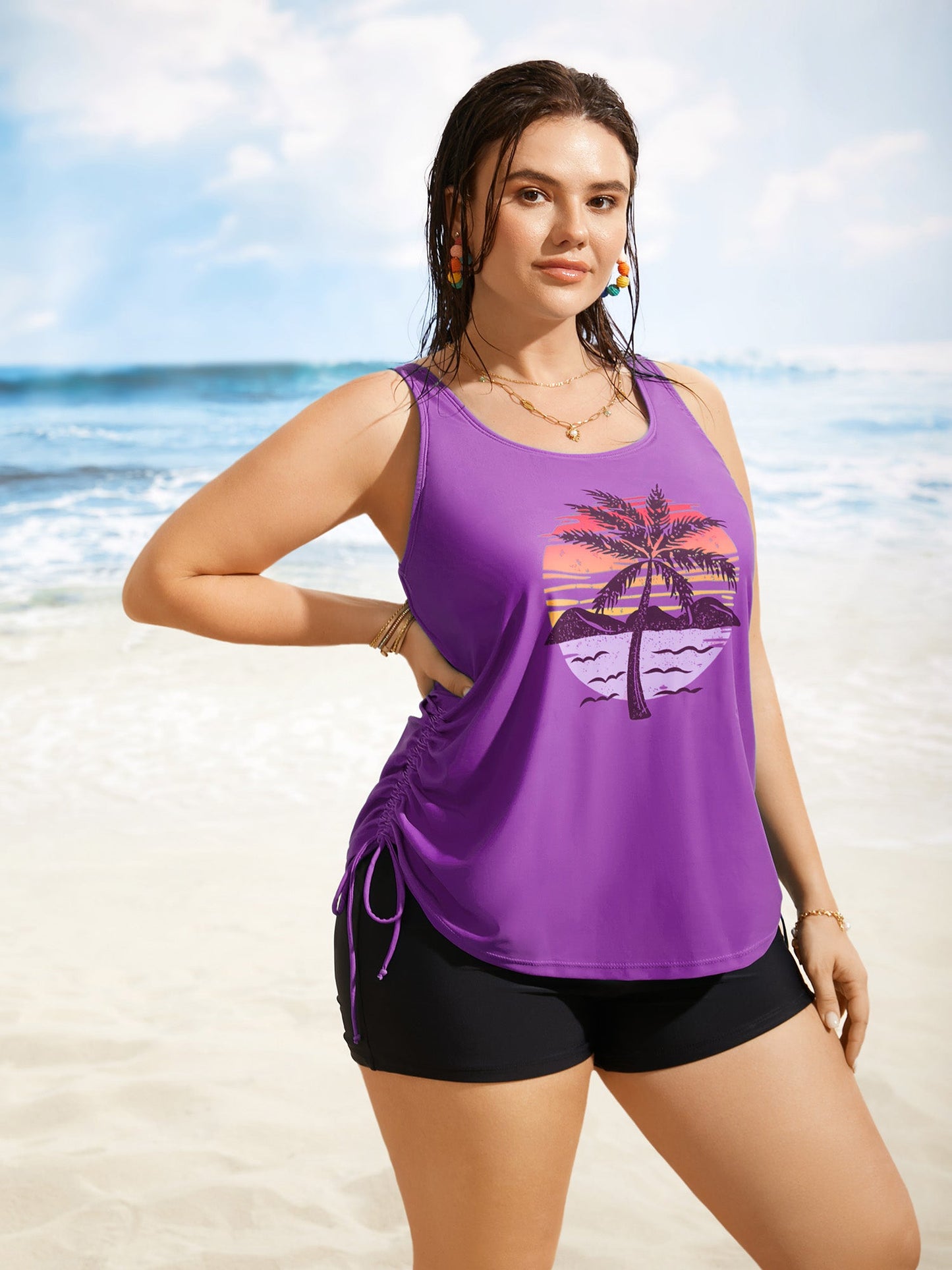 Island Print Drawstring Adjustable Swim Top