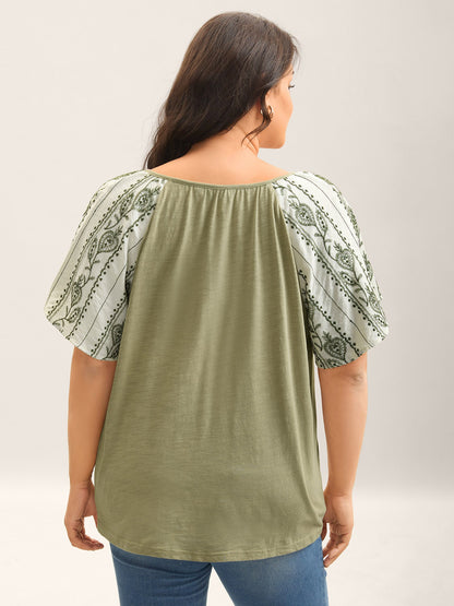 Boho Print Neck Tie Plain Top