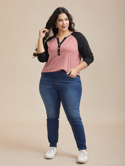 Heather Patchwork Button Detail Stretchy T-Shirt