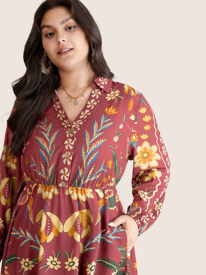 Bandana Print Pocket Lapel Collar Elastic Cuffs Dress