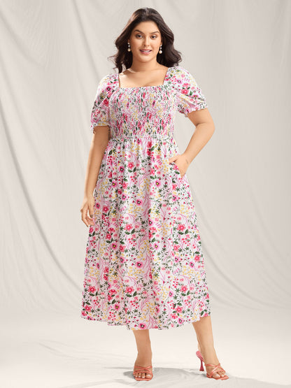 Shirred Floral Print Pockets Maxi Dress