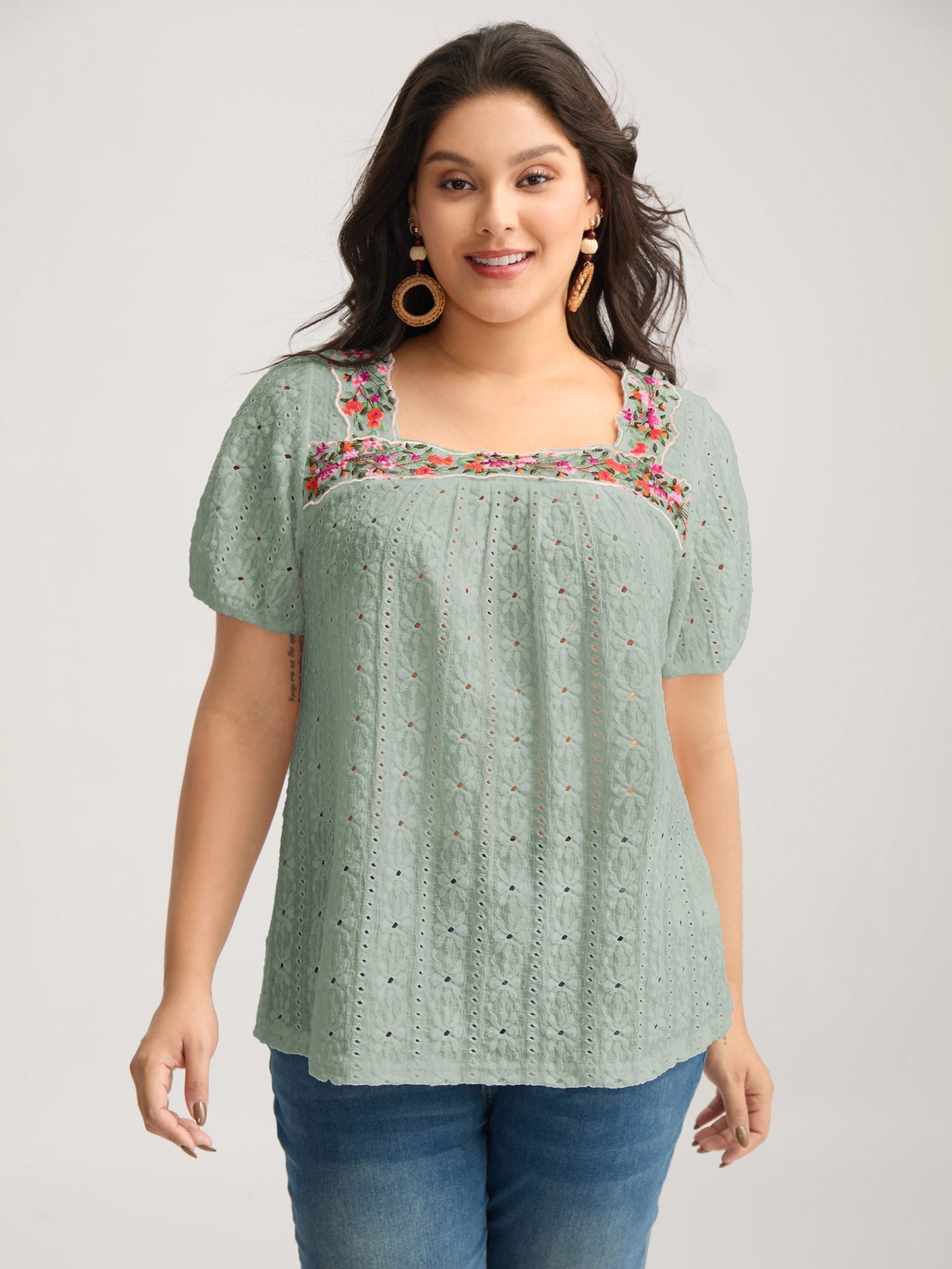 Eyelet Trim Floral Embroidered Solid T-Shirt