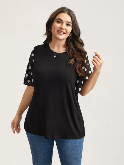 Stretchy Sheer Dot Sleeve Textured T-Shirt