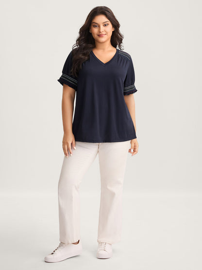 Stretchy Colorful Spliced Shirred T-Shirt