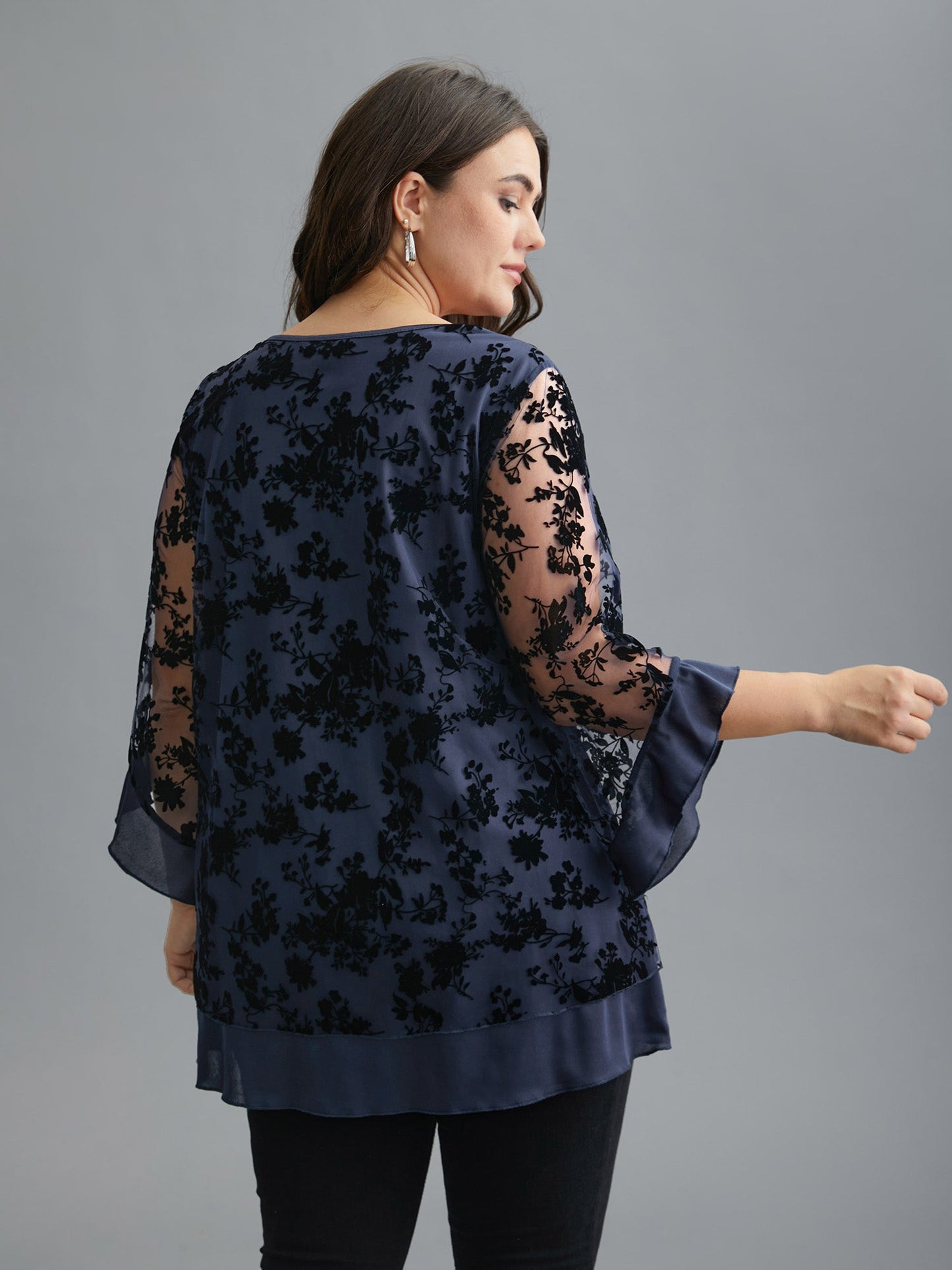 Floral Flocking Mesh Asymmetrical Hem Blouse