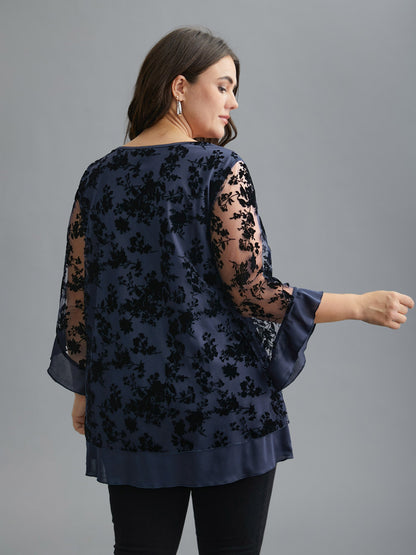 Floral Flocking Mesh Asymmetrical Hem Blouse
