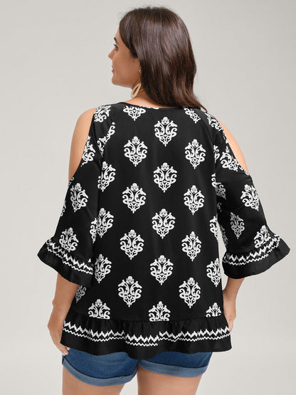 Floral Print Lace Neck Flared Sleeve Blouse