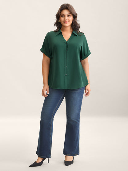 Rolled Hem Sleeve Collar Plain Blouse