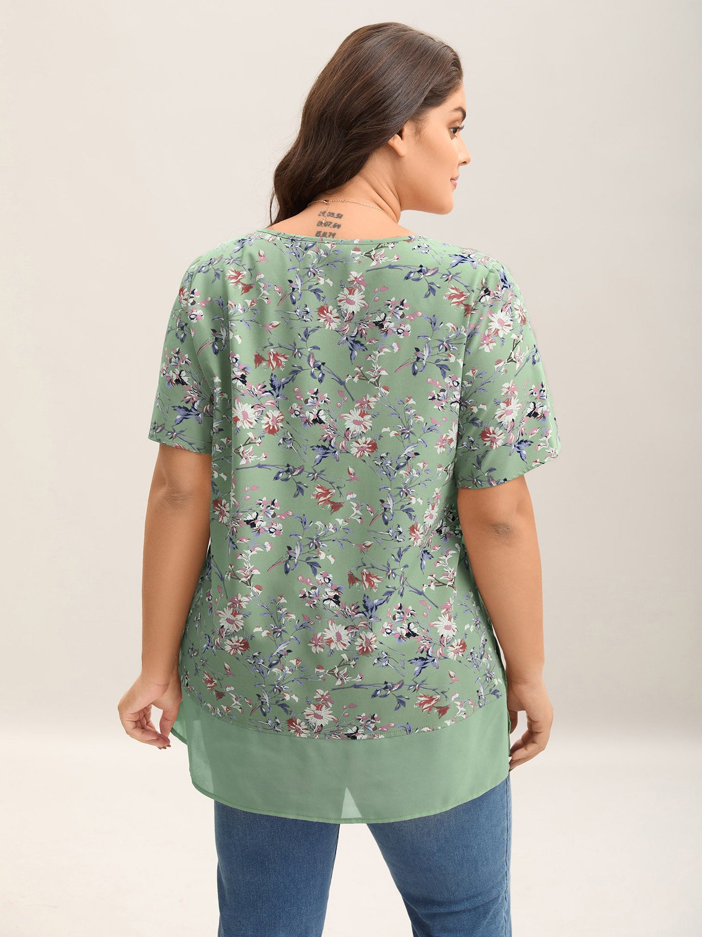 Garden Print Spliced V-Neck Blouse