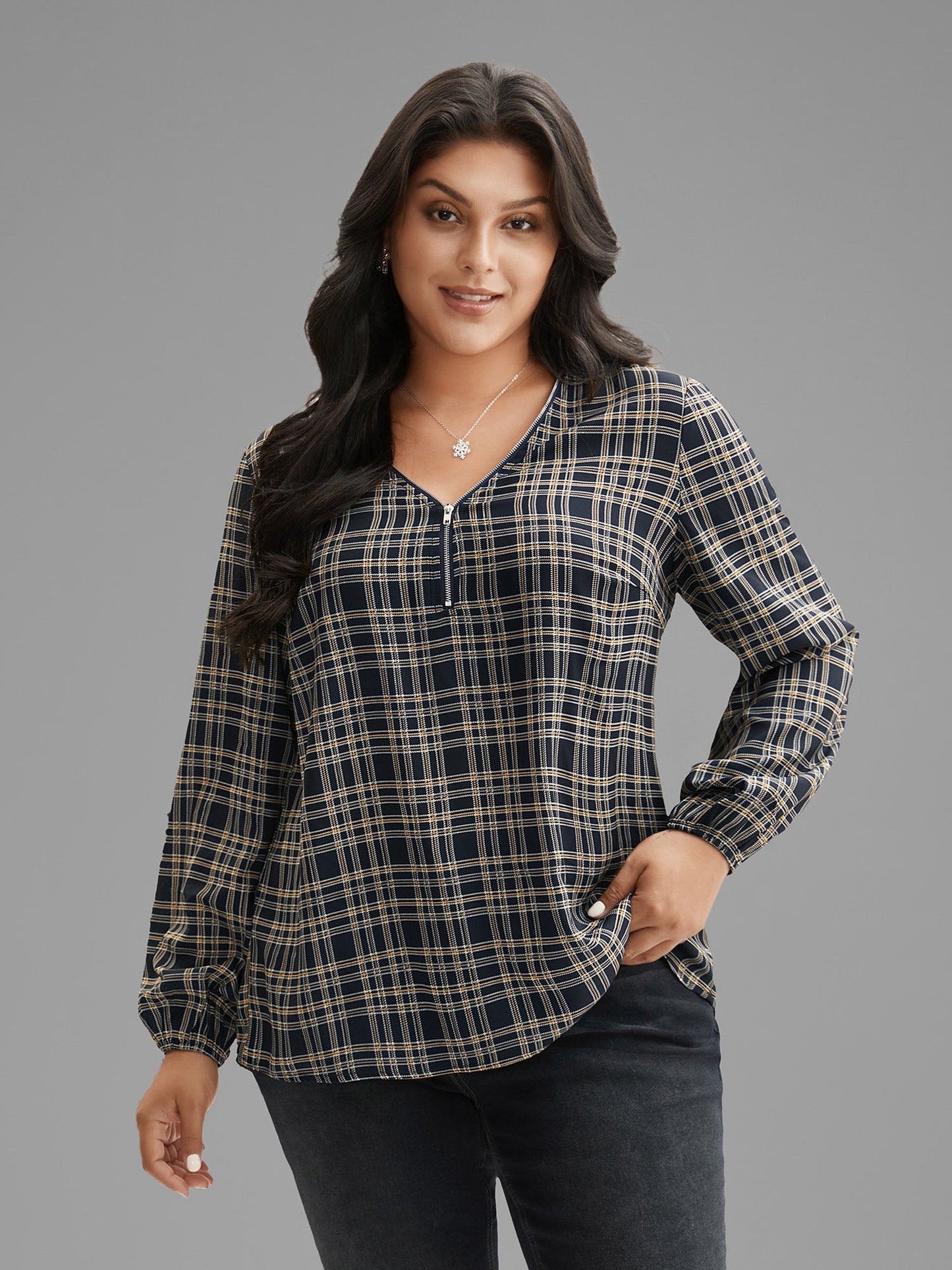 Plaid Zipper Front Lantern Sleeve Blouse