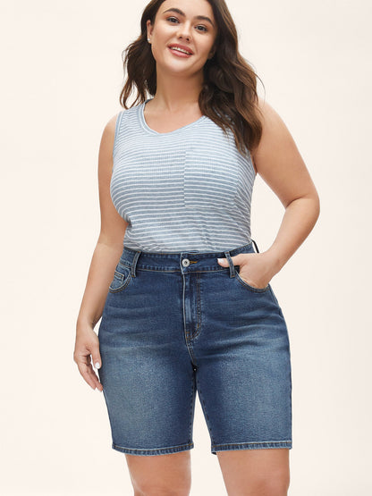 Stretch Straight-Leg Faded Denim Shorts