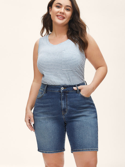 Stretch Straight-Leg Faded Denim Shorts