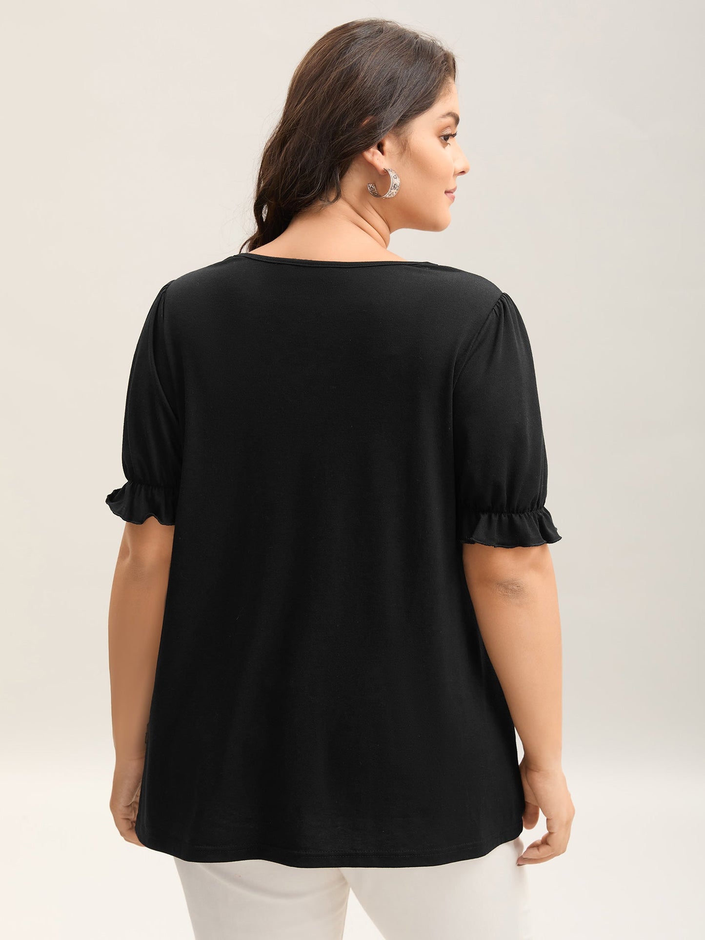 Embroidered V-Neck Puff Sleeve Plain Top