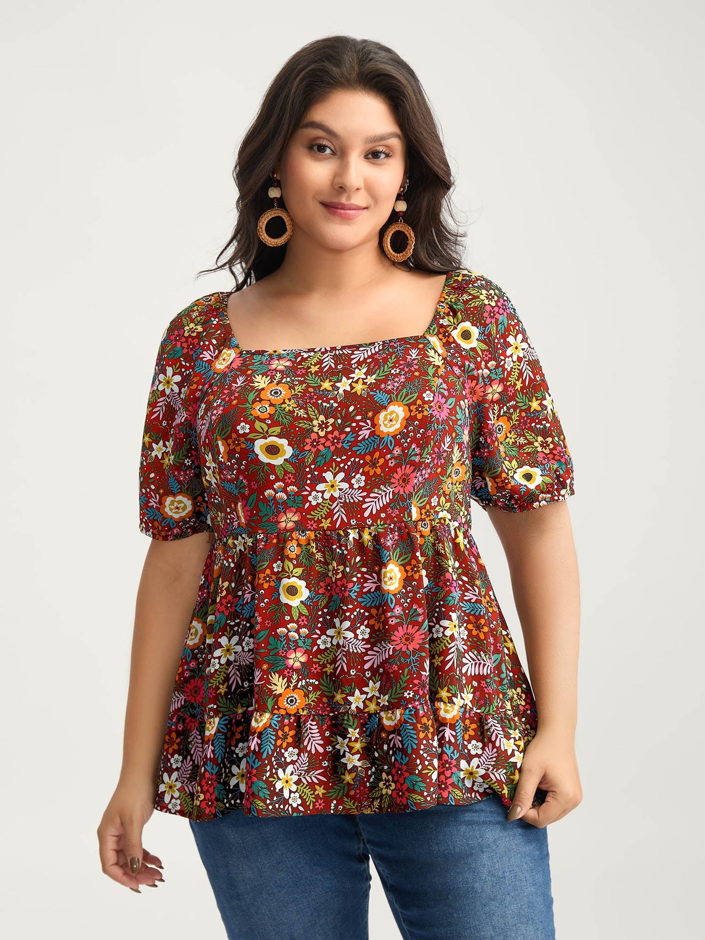 Floral Square Neck Fit and Flare Blouse