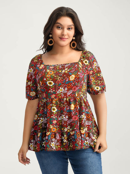 Floral Square Neck Fit and Flare Blouse
