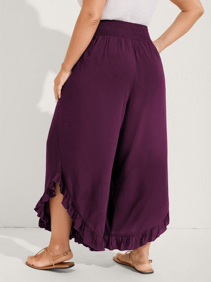 Ruffled Curvy Hem Wide-Leg Pants