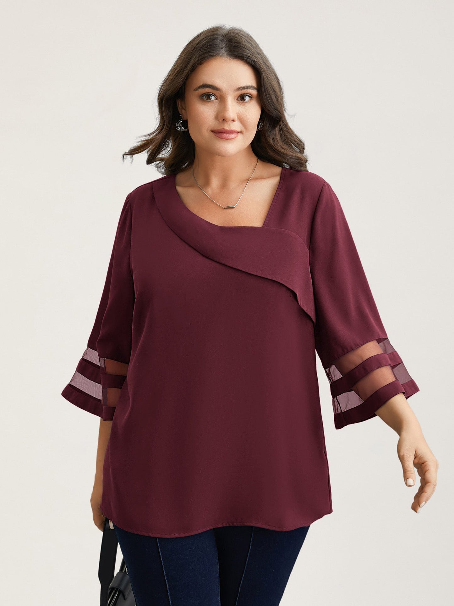 Sheer Sleeve Patchwork Asymmetrical Neckline Blouse