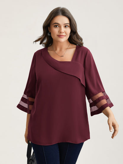 Sheer Sleeve Patchwork Asymmetrical Neckline Blouse