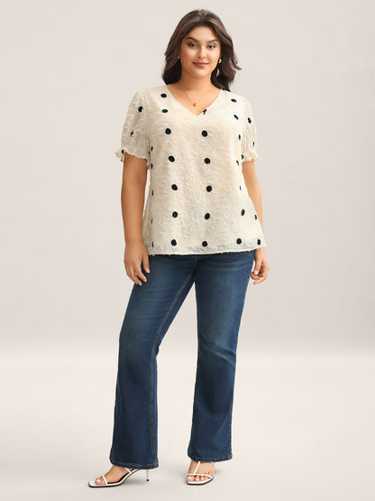 Textured Dots V-Neck Puff Sleeve Blouse