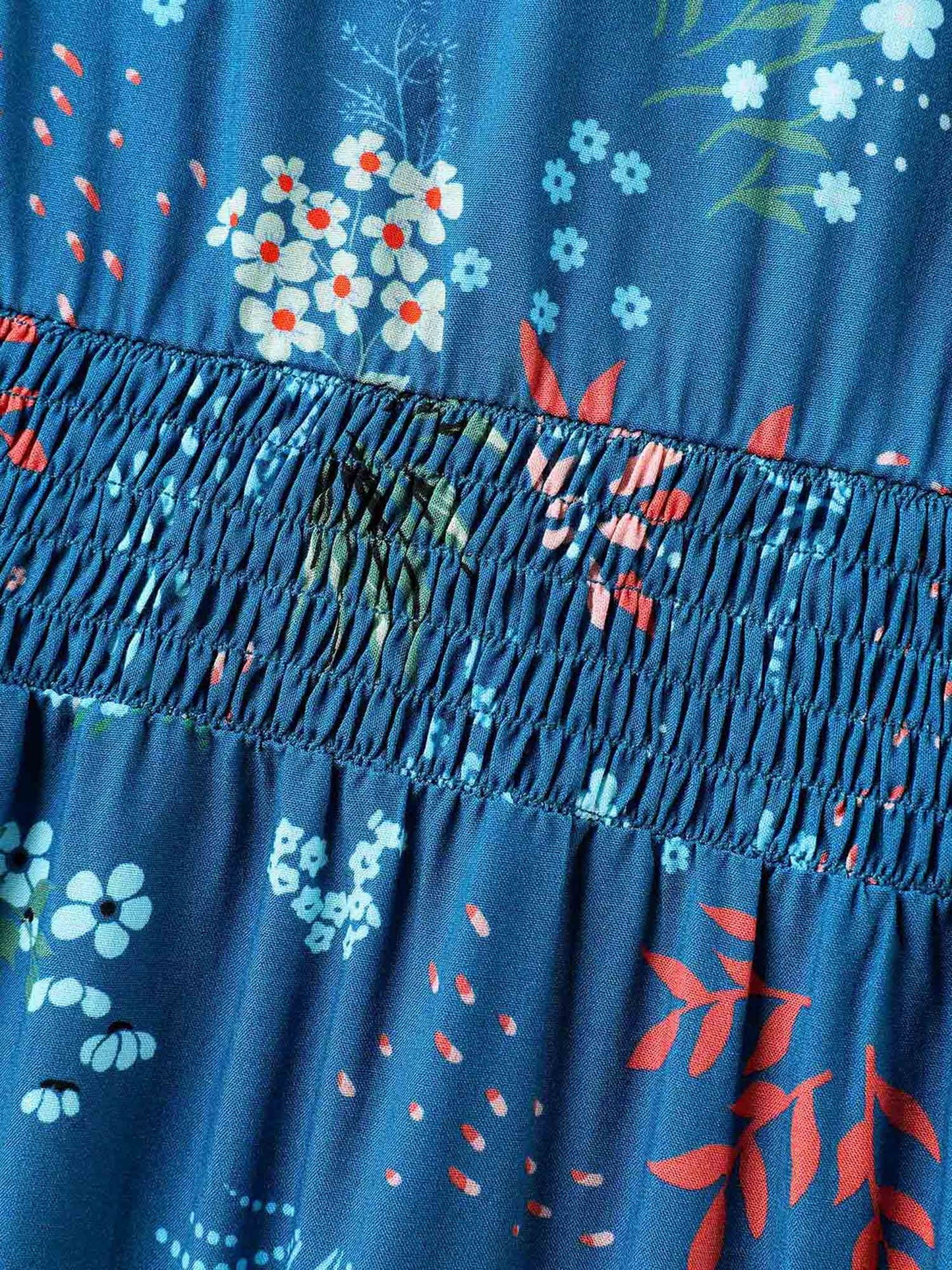 Rayon Playful Floral Shirred Midi Dress