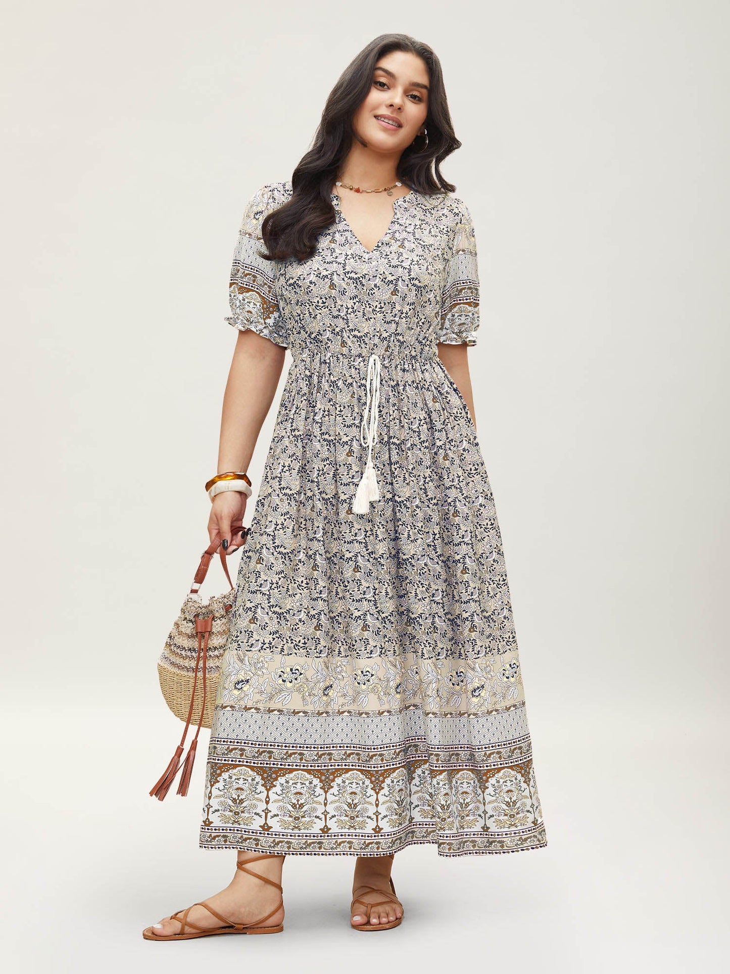 Boho Print Notched Ties Tassel Trim Dress