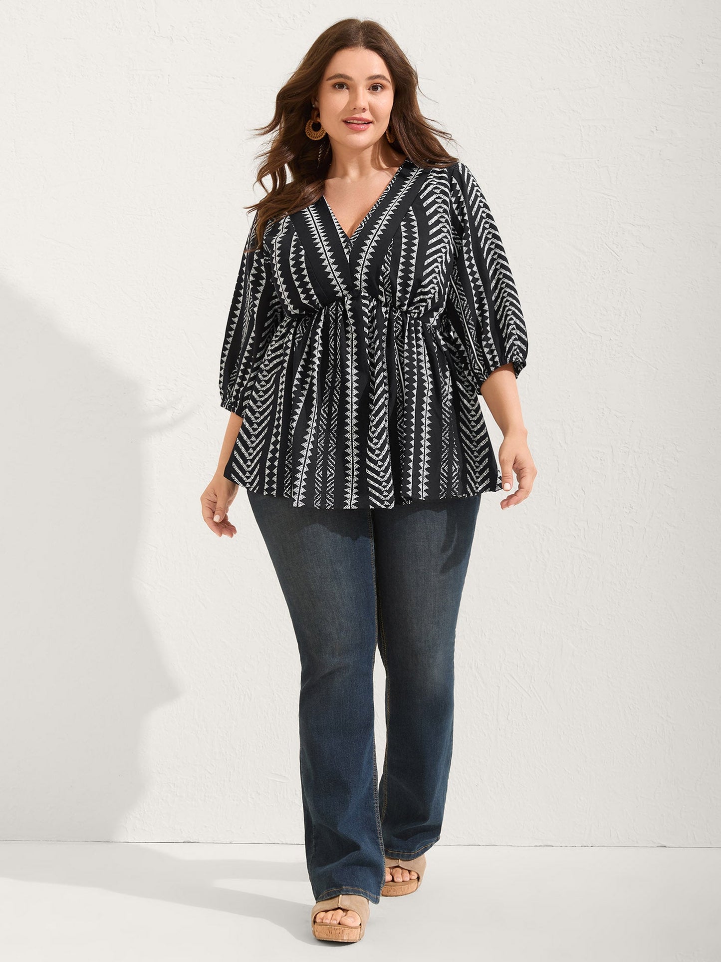 Bandana Geometric Lantern Sleeve Gathered Blouse